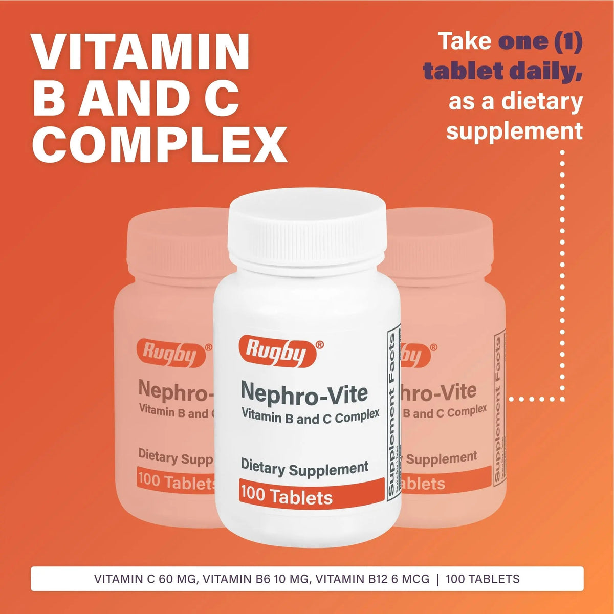 Rugby Nephro-Vite Vitamin B and C Complex Tablets - Dietary Supplement - 100 Count (1 Pack) - PrimeBioHealth - canada supplements