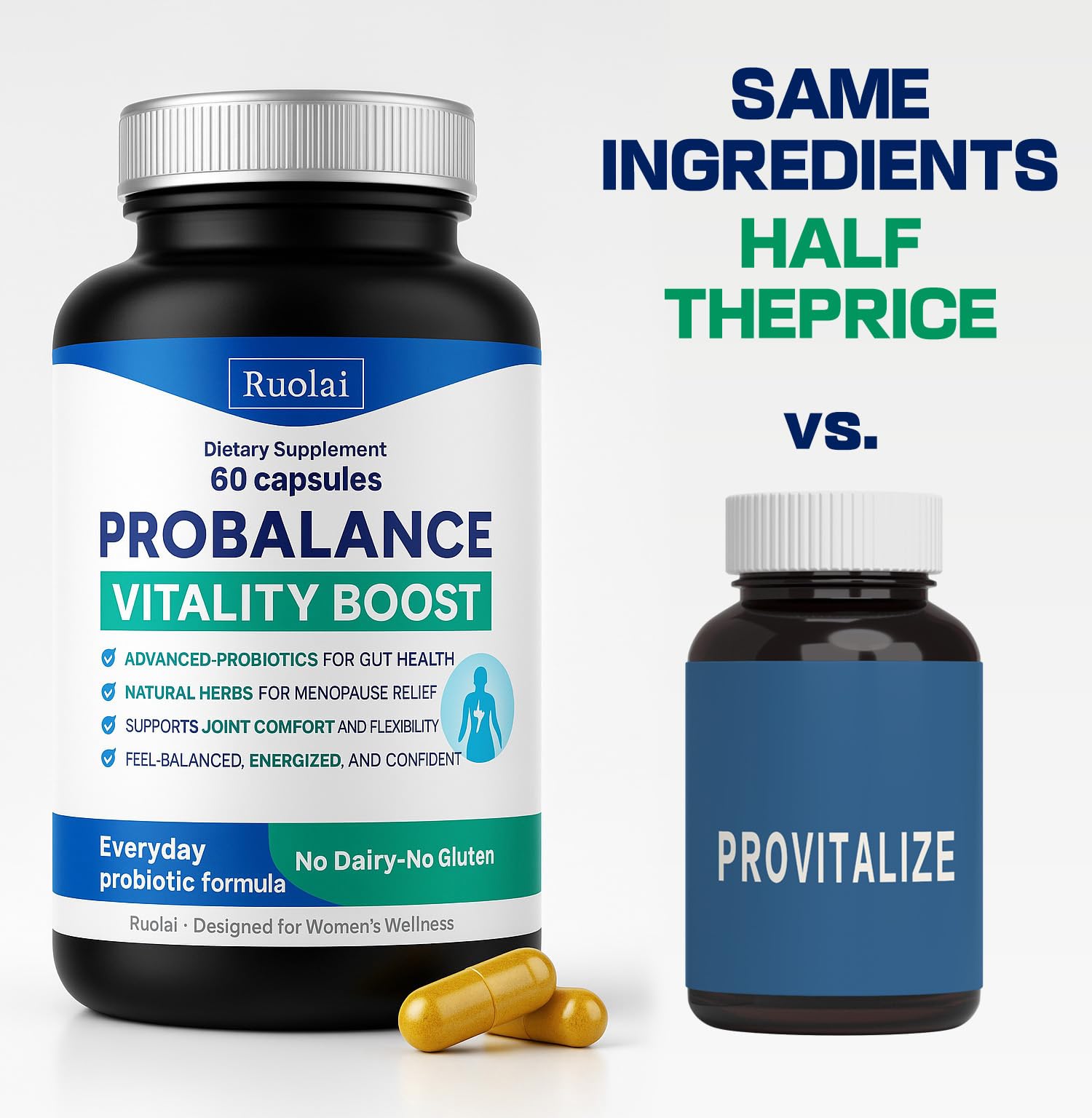 Ruolai ProBalance Probiotics for Women 68B CFU – Menopause, Bloat & Belly Support – Turmeric & Moringa - PrimeBioHealth - canada supplements