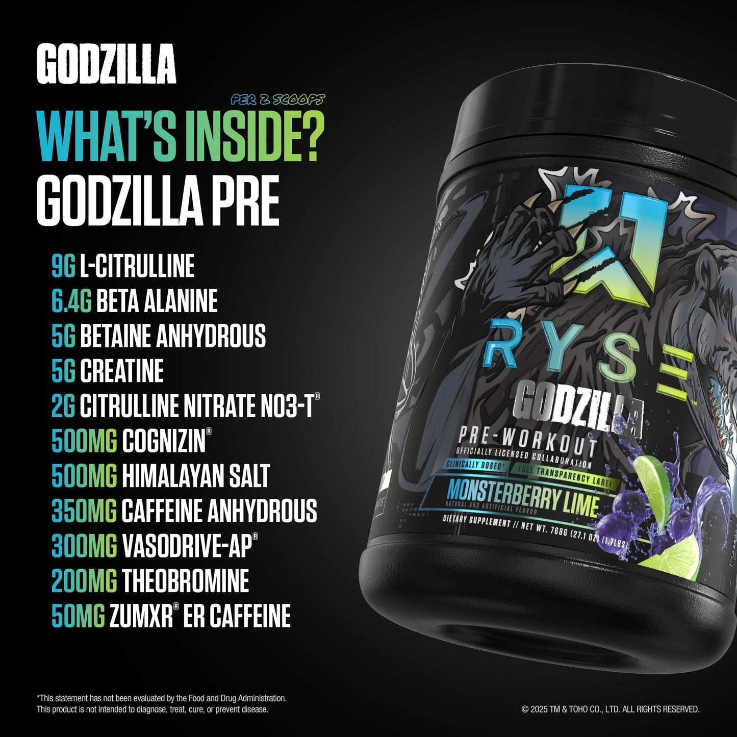 RYSE Godzilla X Noel Deyzel Pre Workout Powder - Monsterberry Lime - 400mg Caffeine, High Stim Pre-Workout for Men & Women with Citrulline & Beta Alanine - Energy, Pump & Focus - 20/40 Servings - PrimeBioHealth - canada supplements