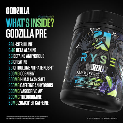 RYSE Godzilla X Noel Deyzel Pre Workout Powder - Monsterberry Lime - 400mg Caffeine, High Stim Pre-Workout for Men & Women with Citrulline & Beta Alanine - Energy, Pump & Focus - 20/40 Servings - PrimeBioHealth - canada supplements
