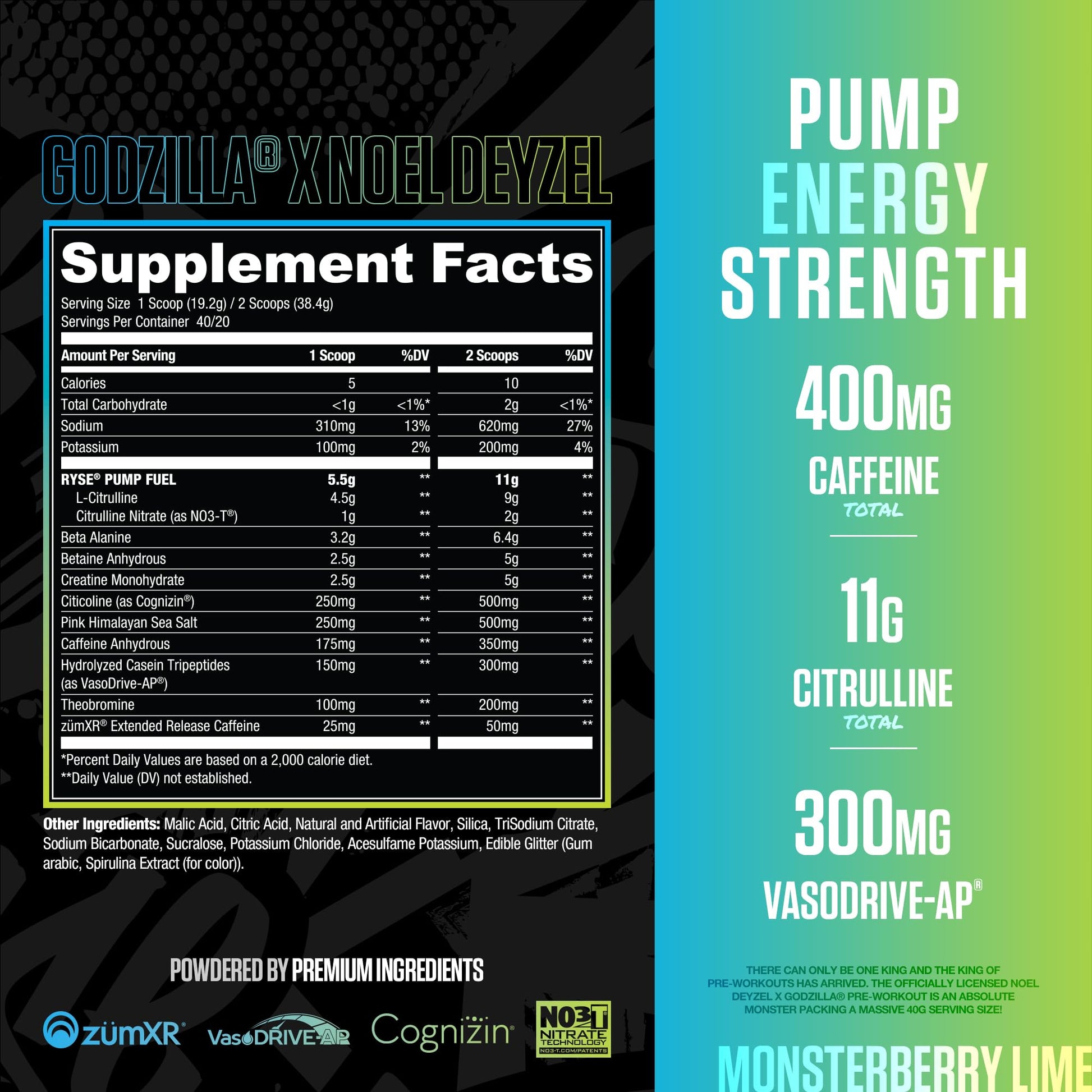 RYSE Godzilla X Noel Deyzel Pre Workout Powder - Monsterberry Lime - 400mg Caffeine, High Stim Pre-Workout for Men & Women with Citrulline & Beta Alanine - Energy, Pump & Focus - 20/40 Servings - PrimeBioHealth - canada supplements