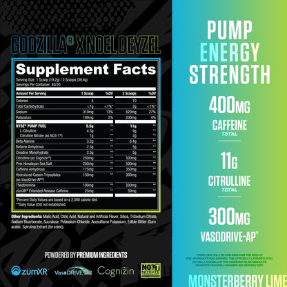 RYSE Godzilla X Noel Deyzel Pre Workout Powder - Monsterberry Lime - 400mg Caffeine, High Stim Pre-Workout for Men & Women with Citrulline & Beta Alanine - Energy, Pump & Focus - 20/40 Servings - PrimeBioHealth - canada supplements