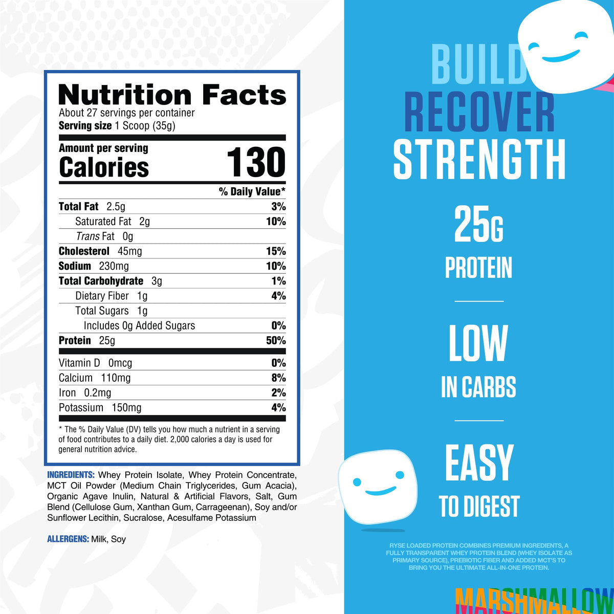 RYSE Loaded Protein Powder - Jet-Puffed Marshmallow - 25g Whey Protein Isolate & Concentrate with Prebiotic Fiber & MCTs - Low Carb, Low Sugar, Digestive-Friendly - 27 Servings / 2 lb Tub - PrimeBioHealth - canada supplements