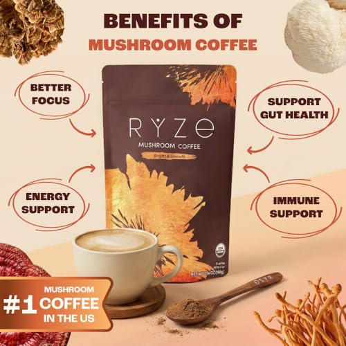 RYZE SUPERFOODS Mushroom Medium Roast Coffee USDA Organic with 6 Adaptogenic Mushrooms, USA Grown Instant Coffee for Better Energy - PrimeBioHealth - canada supplements