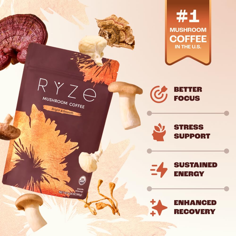 RYZE SUPERFOODS Mushroom Medium Roast Coffee USDA Organic with 6 Adaptogenic Mushrooms, USA Grown Instant Coffee for Better Energy - PrimeBioHealth - canada supplements