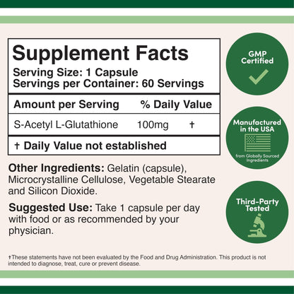 S-Acetyl L-Glutathione Capsules - 100mg, 60 Count (Acetylated Glutathione Antioxidant - More Absorbable Than Glutathione and Liposomal Glutathione, Non-GMO and Gluten Free) by Double Wood - PrimeBioHealth - canada supplements