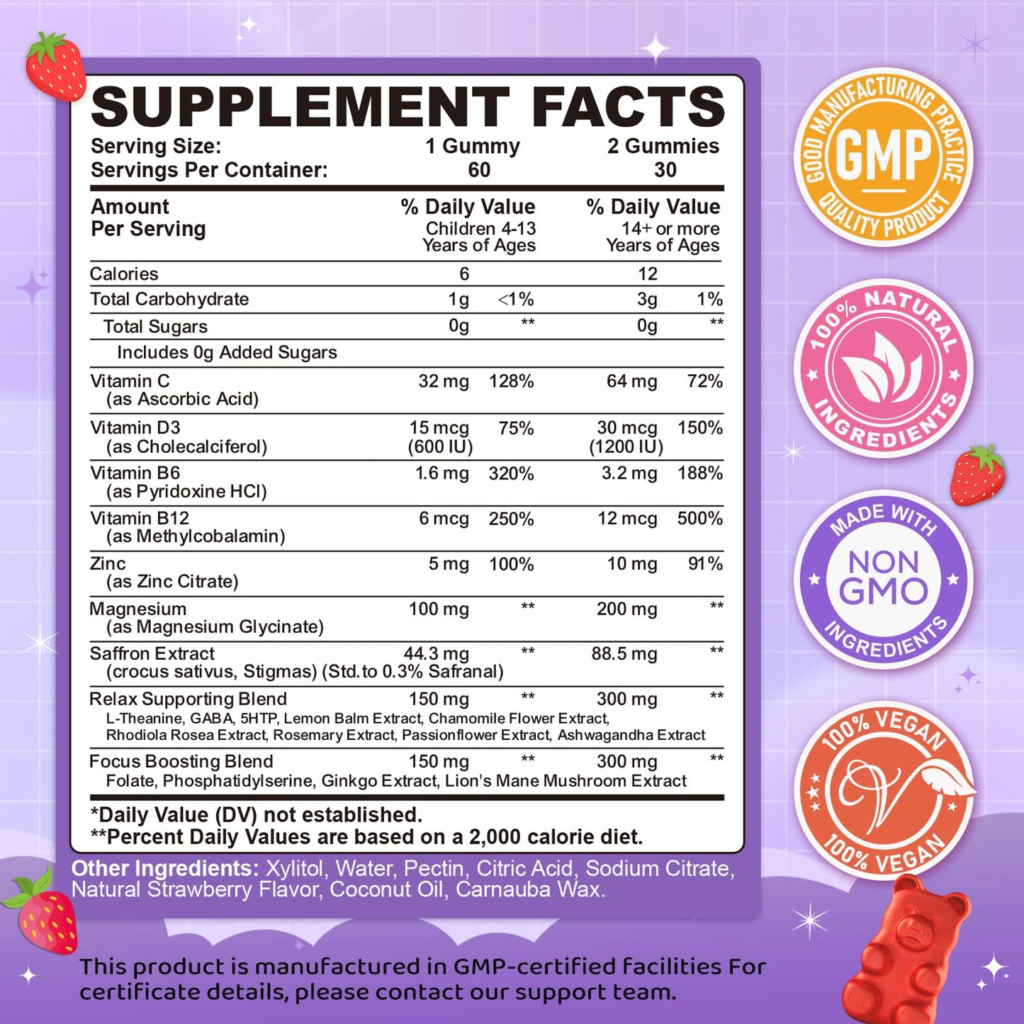 Saffron Gummies for Kids & Adults, 20-in-1 Saffron Supplements with 88.5mg Saffron Extract, B6, B12, C, D3, Magnesium for Calm, Focus, Nerve, Sugar Free, Vegan - PrimeBioHealth - canada supplements
