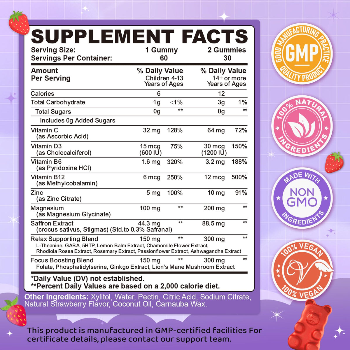 Saffron Gummies for Kids & Adults, 20-in-1 Saffron Supplements with 88.5mg Saffron Extract, B6, B12, C, D3, Magnesium for Calm, Focus, Nerve, Sugar Free, Vegan - PrimeBioHealth - canada supplements