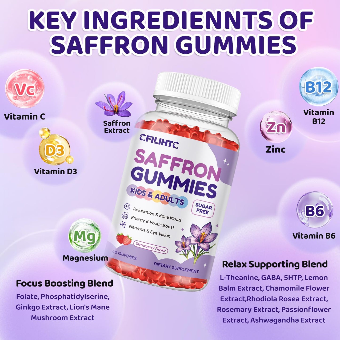 Saffron Gummies for Kids & Adults, 20-in-1 Saffron Supplements with 88.5mg Saffron Extract, B6, B12, C, D3, Magnesium for Calm, Focus, Nerve, Sugar Free, Vegan - PrimeBioHealth - canada supplements