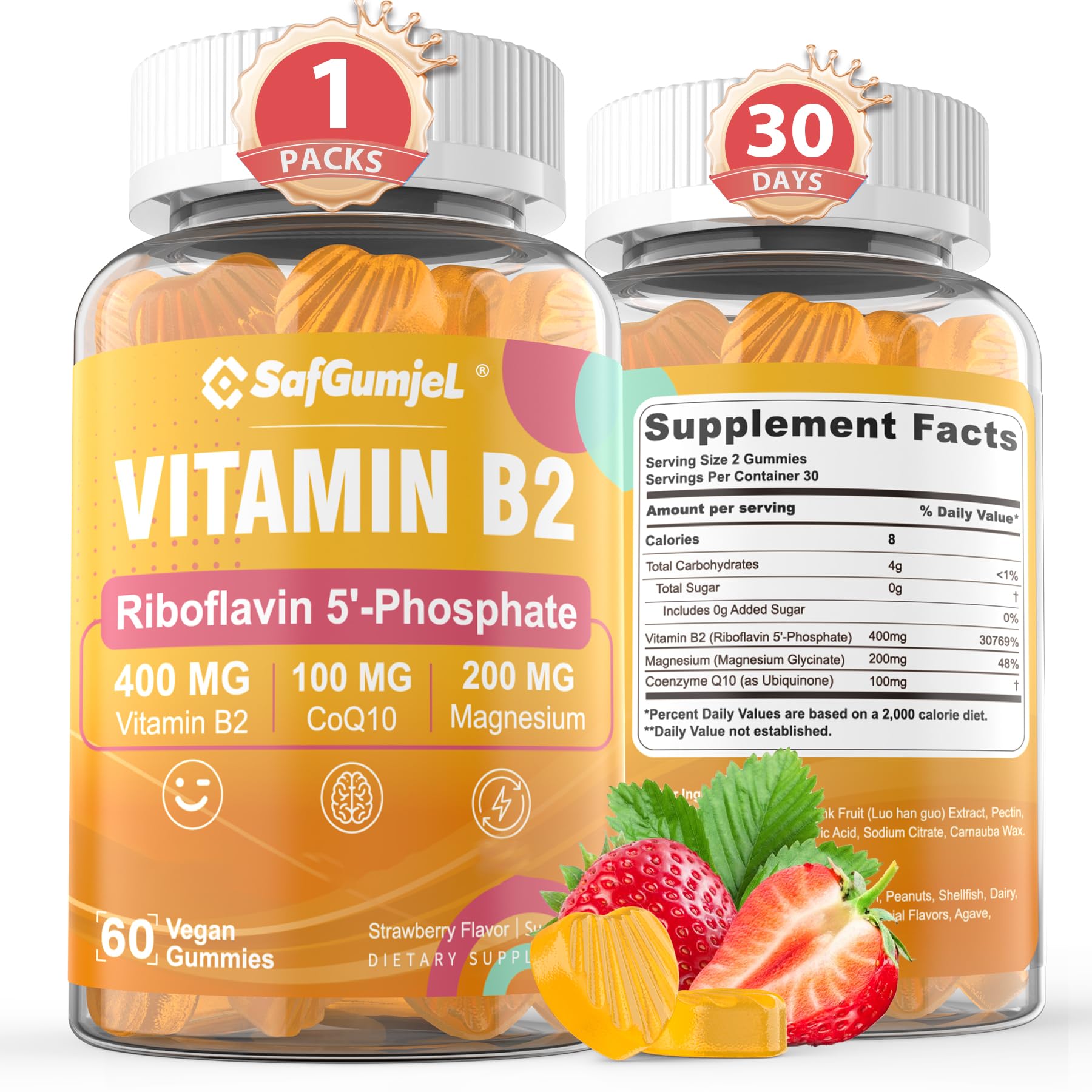Safgumjel Vitamin B2 Gummies | Riboflavin 400mg with Magnesium & CoQ10 for Migraine Relief & Headache Relief | Sugar Free, Vegan, Strawberry Flavor, 60 Count - PrimeBioHealth - canada supplements