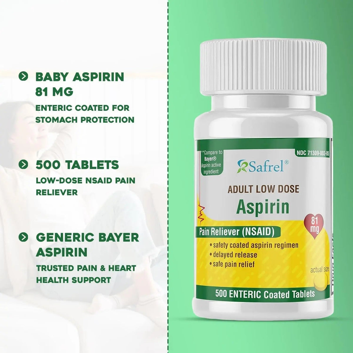 Safrel Generic Bayer Baby Aspirin 81 mg (500 Enteric Coated Tablets) | Adult Low Dose Strength Safe Pain Reliever (NSAID) for Minor Aches | Value Pack - PrimeBioHealth - canada supplements