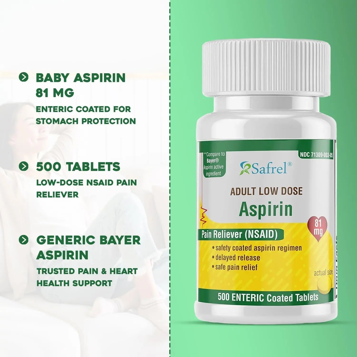 Safrel Generic Bayer Baby Aspirin 81 mg (500 Enteric Coated Tablets) | Adult Low Dose Strength Safe Pain Reliever (NSAID) for Minor Aches | Value Pack - PrimeBioHealth - canada supplements