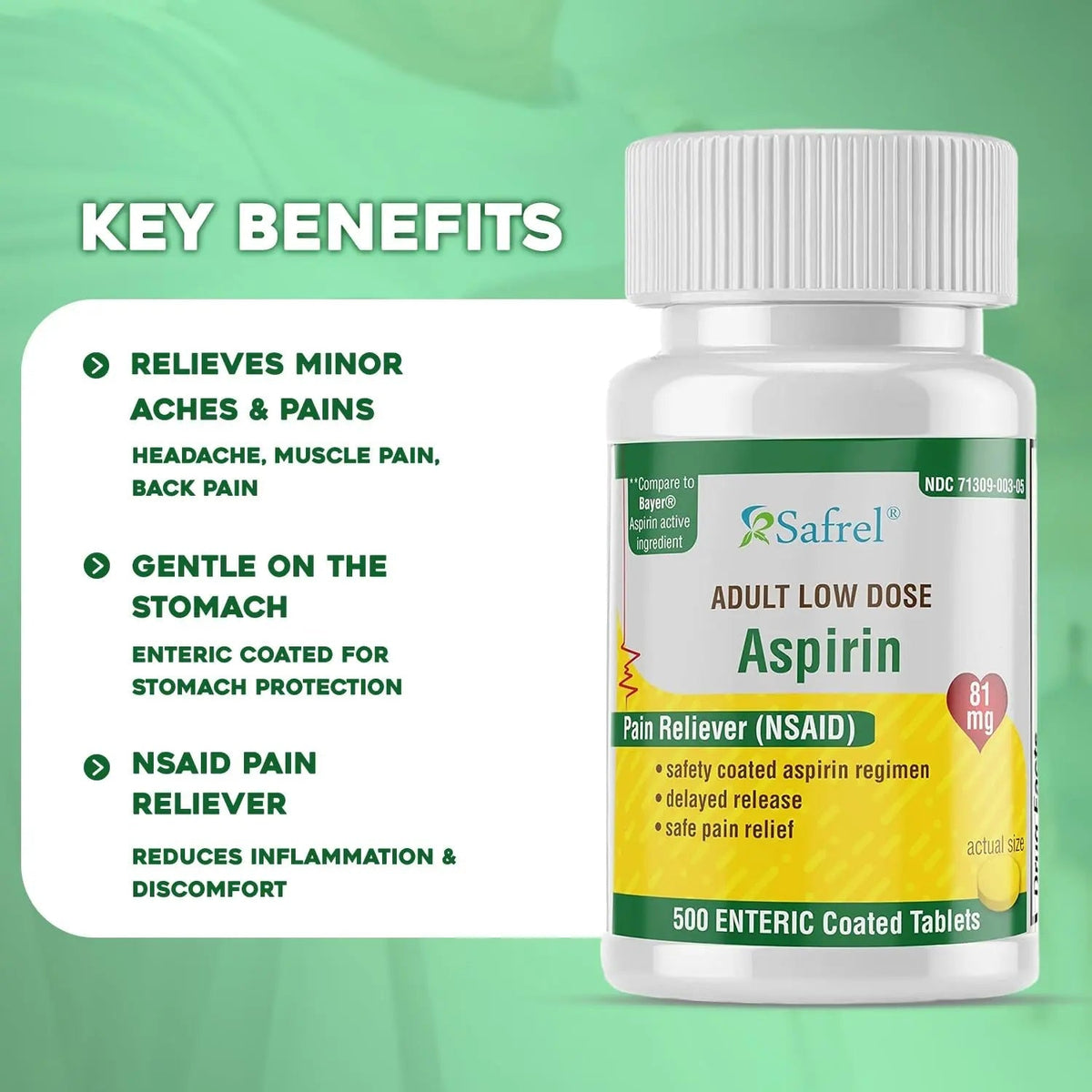 Safrel Generic Bayer Baby Aspirin 81 mg (500 Enteric Coated Tablets) | Adult Low Dose Strength Safe Pain Reliever (NSAID) for Minor Aches | Value Pack - PrimeBioHealth - canada supplements