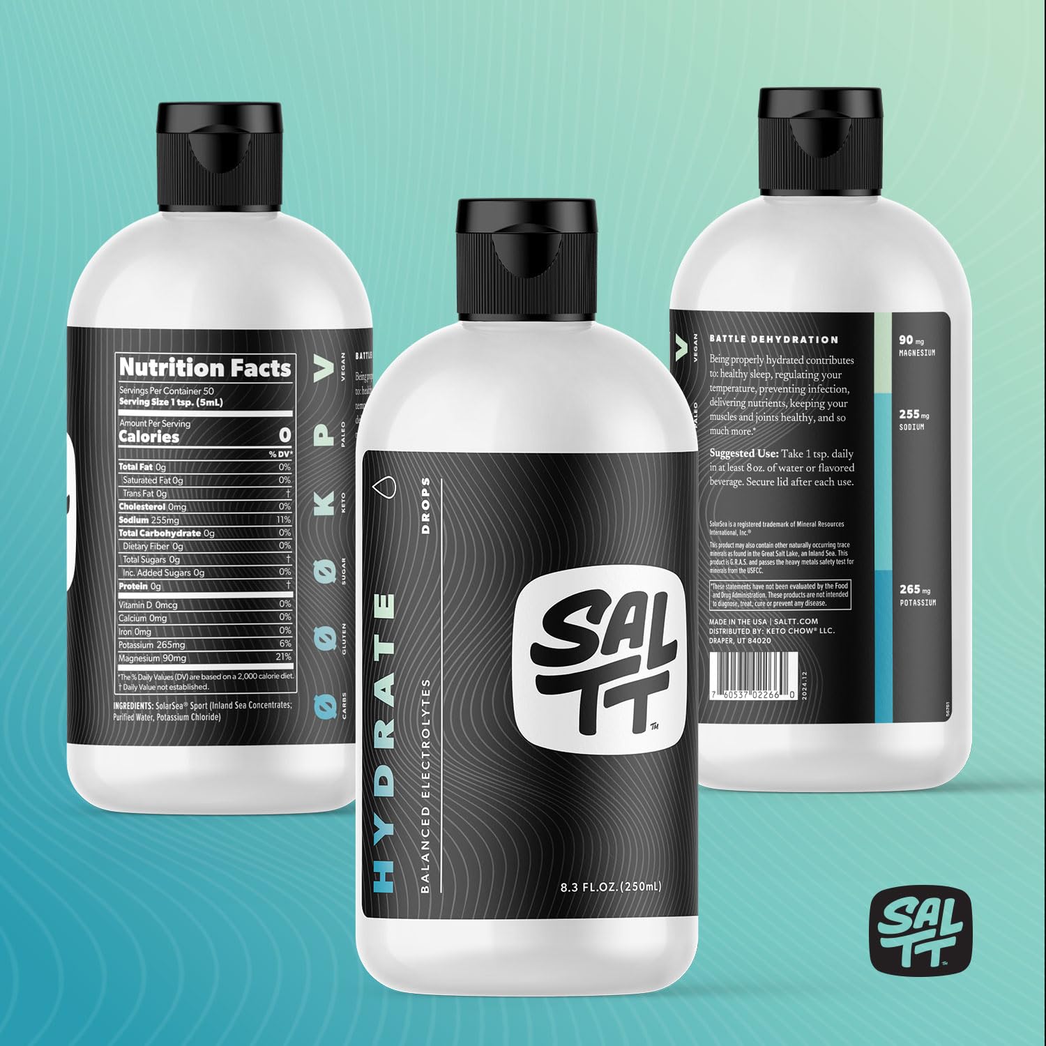 SALTT - Hydrate (8.3 oz) - Electrolytes Drops - Energy Boost - Sodium, Potassium, Magnesium, Zinc, Copper - Unflavored - Ultra Low Carb - Zero Sugar, Vegan, Gluten Free, Non GMO - By Keto Chow - PrimeBioHealth - canada supplements