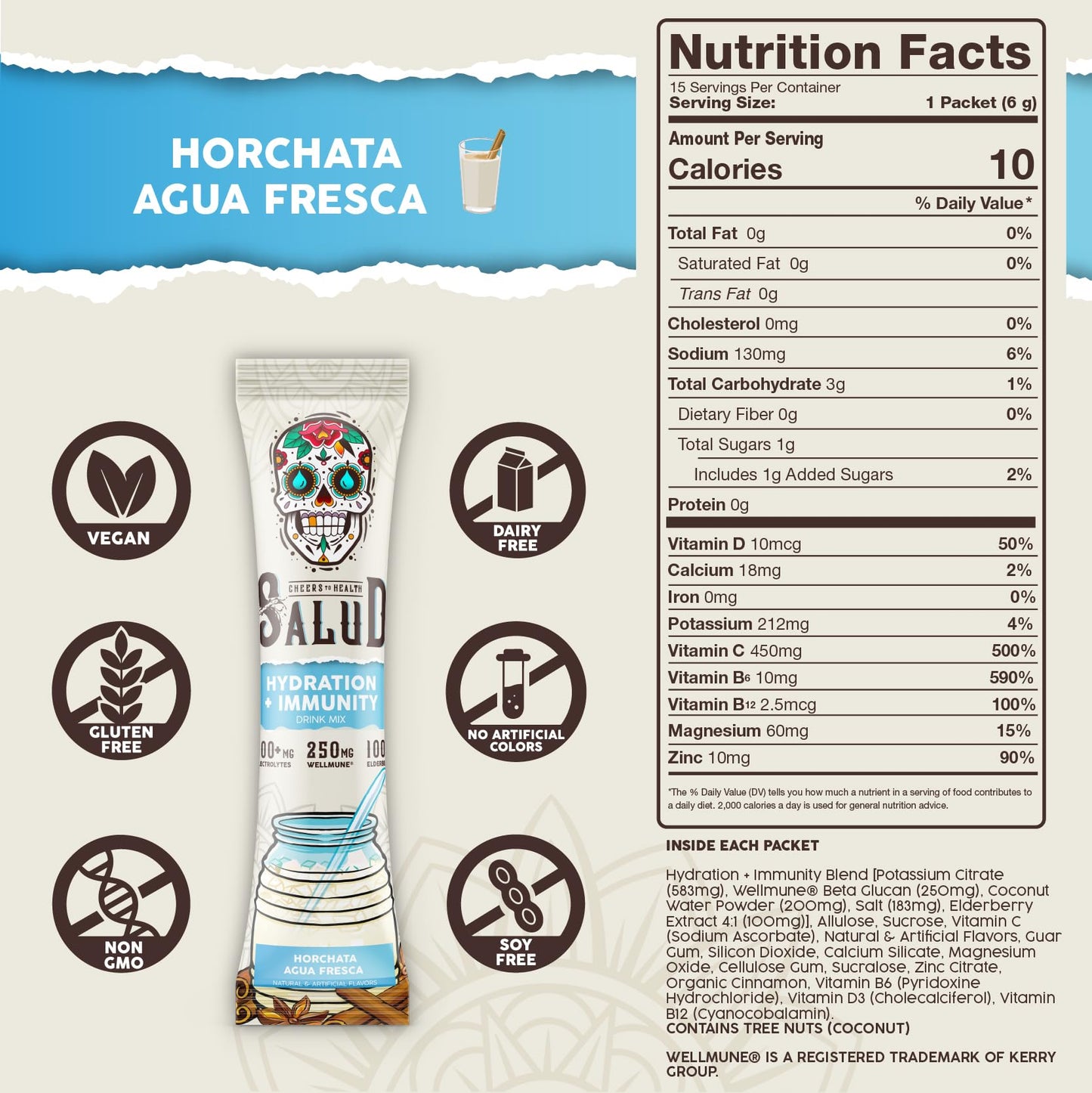 Salud 2-in-1 Hydration Packets + Immunity Electrolytes Powder, Horchata - Agua Fresca Drink Mix, Elderberry, Dairy & Soy Free, Non-GMO, Gluten Free, Vegan - PrimeBioHealth - canada supplements
