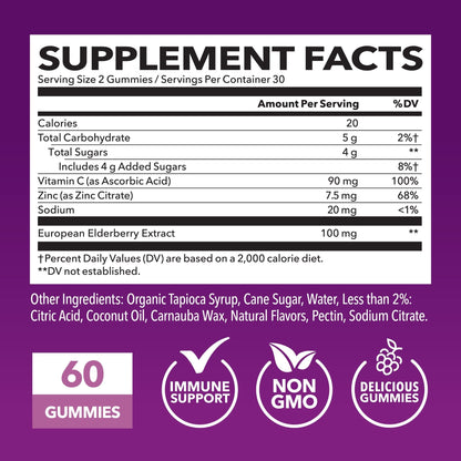 Sambucus Elderberry Gummies for Adults - Immune Support Supplement with Vitamin C and Zinc - Enhanced Formula for Daily Defense - 60 Count - PrimeBioHealth - canada supplements
