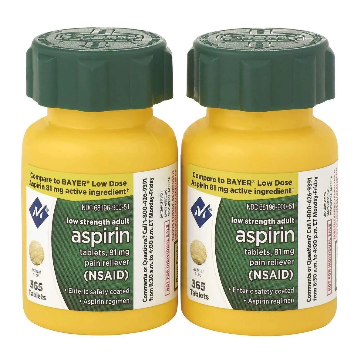 Sam's West Member's Mark Low Strength Adults Enteric Safety Coated Aspirin Regimen Tablets Pain Reliever NSAID, 81 mg, 2 Bottles, 730 Tablets - PrimeBioHealth - canada supplements