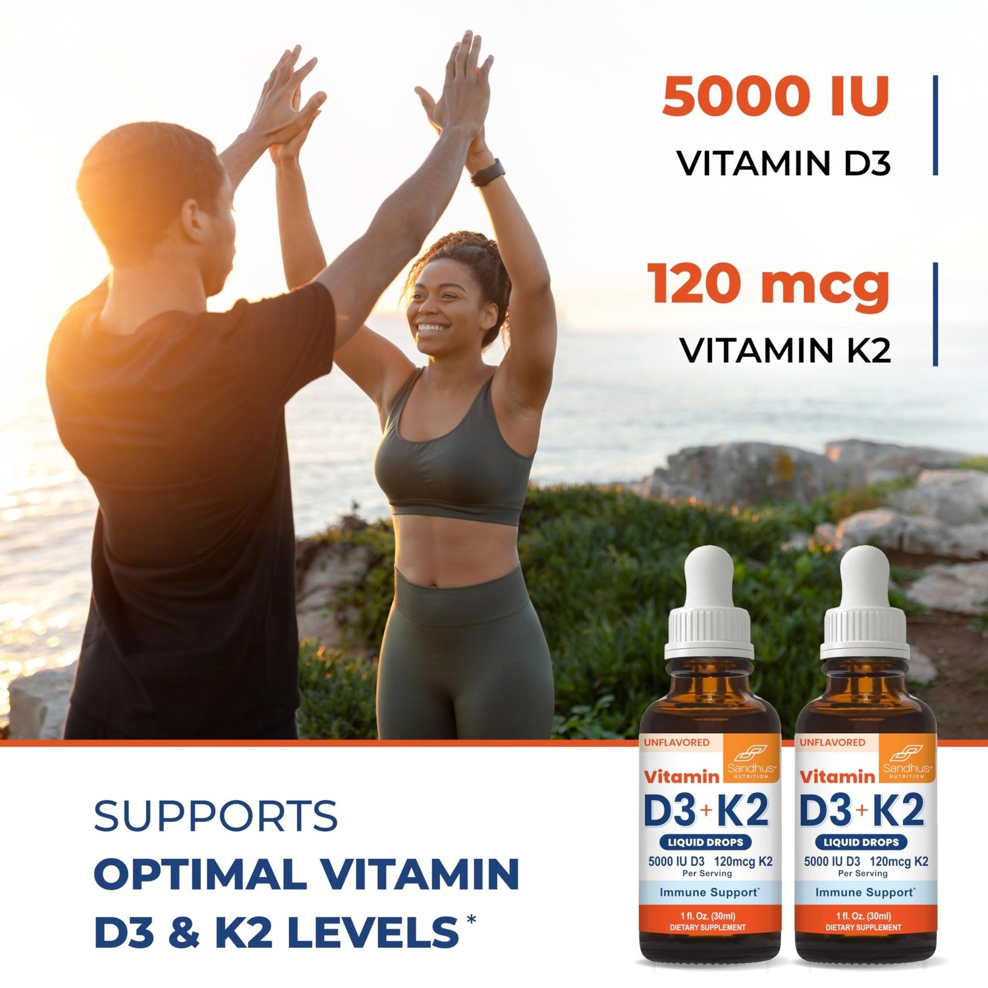 Sandhu's Vitamin D3 K2 Drops for Adults | 5000 IU D3 Liquid, 120mcg K2 Supplement 1 Fl Oz (Pack of 2) | D3K2 Supports Superior Absorption - PrimeBioHealth - canada supplements