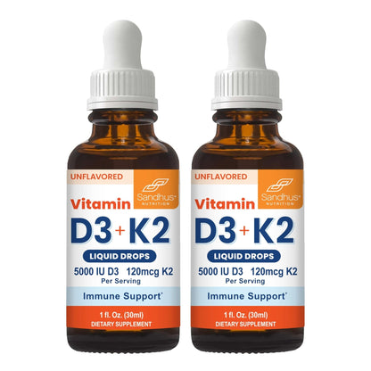 Sandhu's Vitamin D3 K2 Drops for Adults | 5000 IU D3 Liquid, 120mcg K2 Supplement 1 Fl Oz (Pack of 2) | D3K2 Supports Superior Absorption - PrimeBioHealth - canada supplements