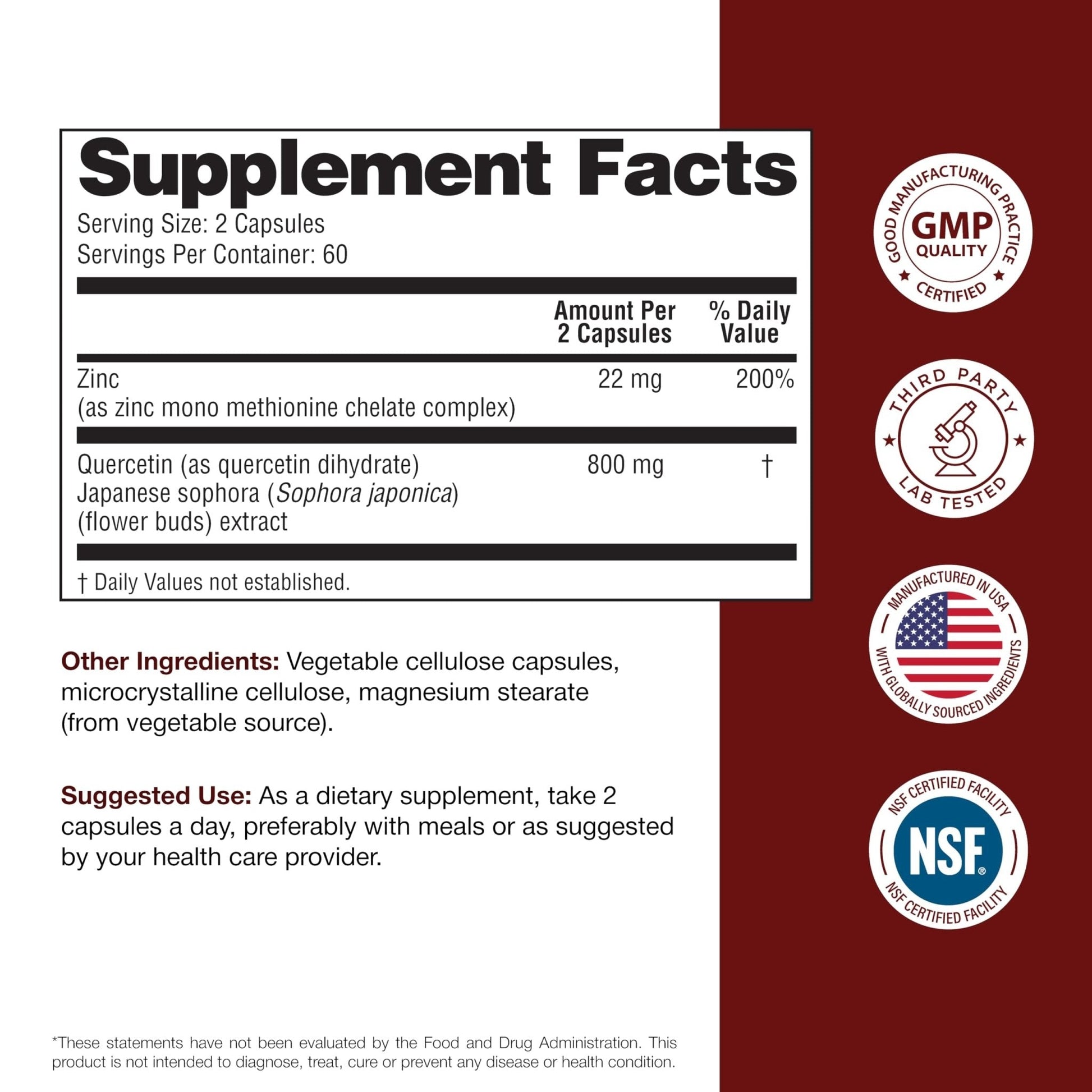 Sandhu's Zinc Quercetin 120 Vegetarian Capsules (Pack of 1) | High Absorption Zink Supplements for Immunity and Seasonal Allergy | Antioxidant Immune Support - PrimeBioHealth - canada supplements