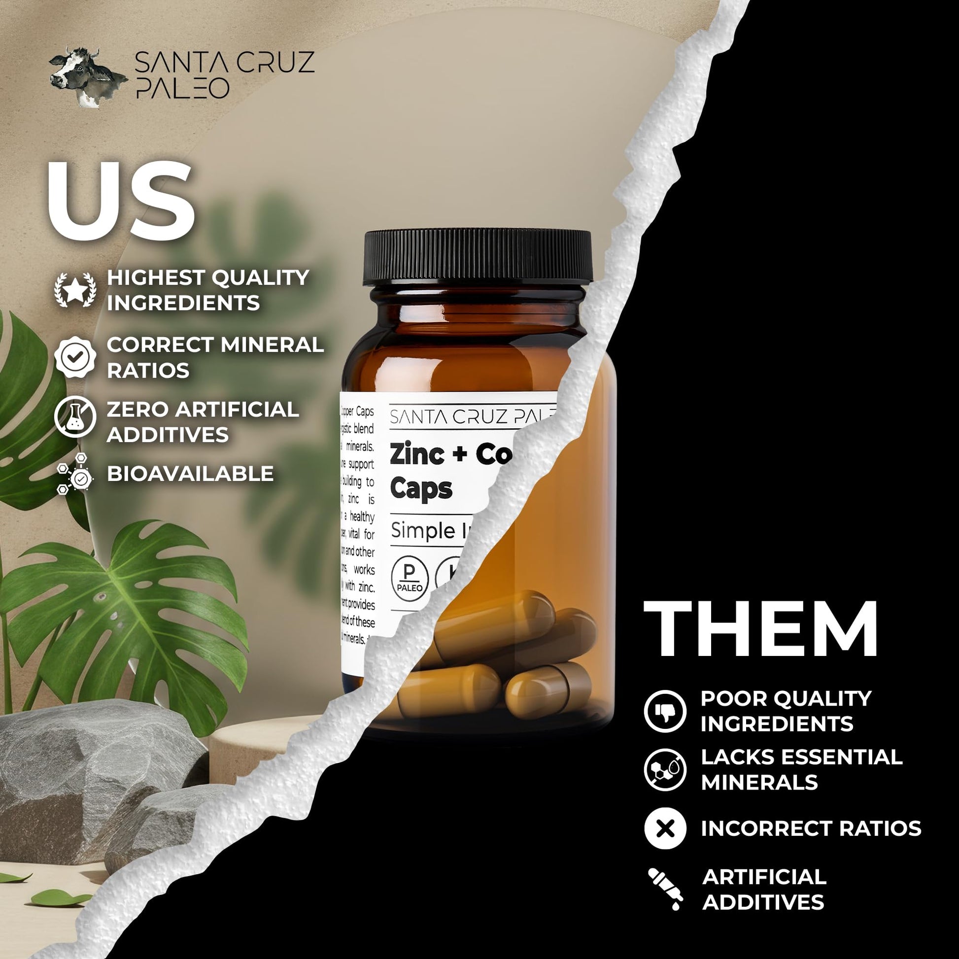 Santa Cruz Paleo, Zinc & Copper Mineral Supplement, High Absorption Formula, Zinc Supplement for Skin & Hair, L Methionine, Copper Gluconate, Trace Minerals - PrimeBioHealth - canada supplements