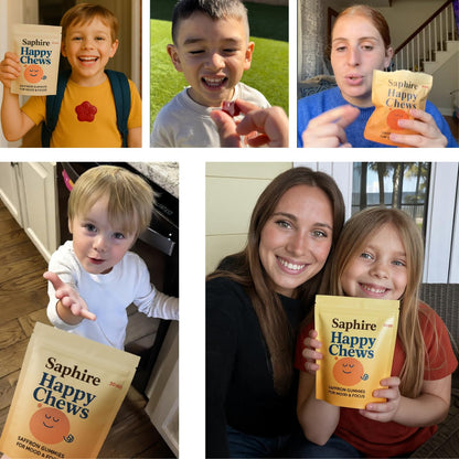 SAPHIRE HAPPY CHEWS Saffron Gummies for Kids | Supports Mood, Calm & Focus | Saffron Extract, Passionflower, St. John’s Wort & GABA - PrimeBioHealth - canada supplements