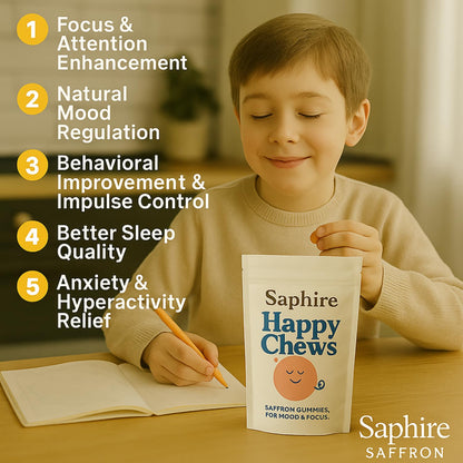 SAPHIRE HAPPY CHEWS Saffron Gummies for Kids | Supports Mood, Calm & Focus | Saffron Extract, Passionflower, St. John’s Wort & GABA - PrimeBioHealth - canada supplements