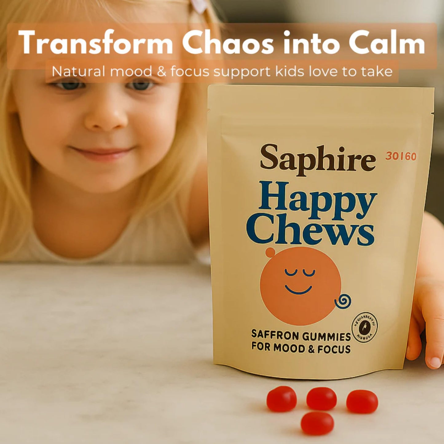 SAPHIRE HAPPY CHEWS Saffron Gummies for Kids | Supports Mood, Calm & Focus | Saffron Extract, Passionflower, St. John’s Wort & GABA - PrimeBioHealth - canada supplements