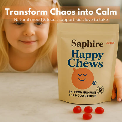 SAPHIRE HAPPY CHEWS Saffron Gummies for Kids | Supports Mood, Calm & Focus | Saffron Extract, Passionflower, St. John’s Wort & GABA - PrimeBioHealth - canada supplements