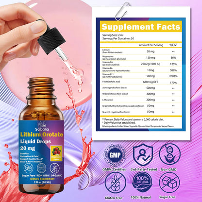 Scibalia Lithium Orotate Liquid Drops 20mg, Potency 11-in-1 Lithium Supplement w. NAC Magnesium Ashwagandha Theanine Vitamin D3 B6 B12 for Memory Brain Mood Cognitive Support, - PrimeBioHealth - canada supplements