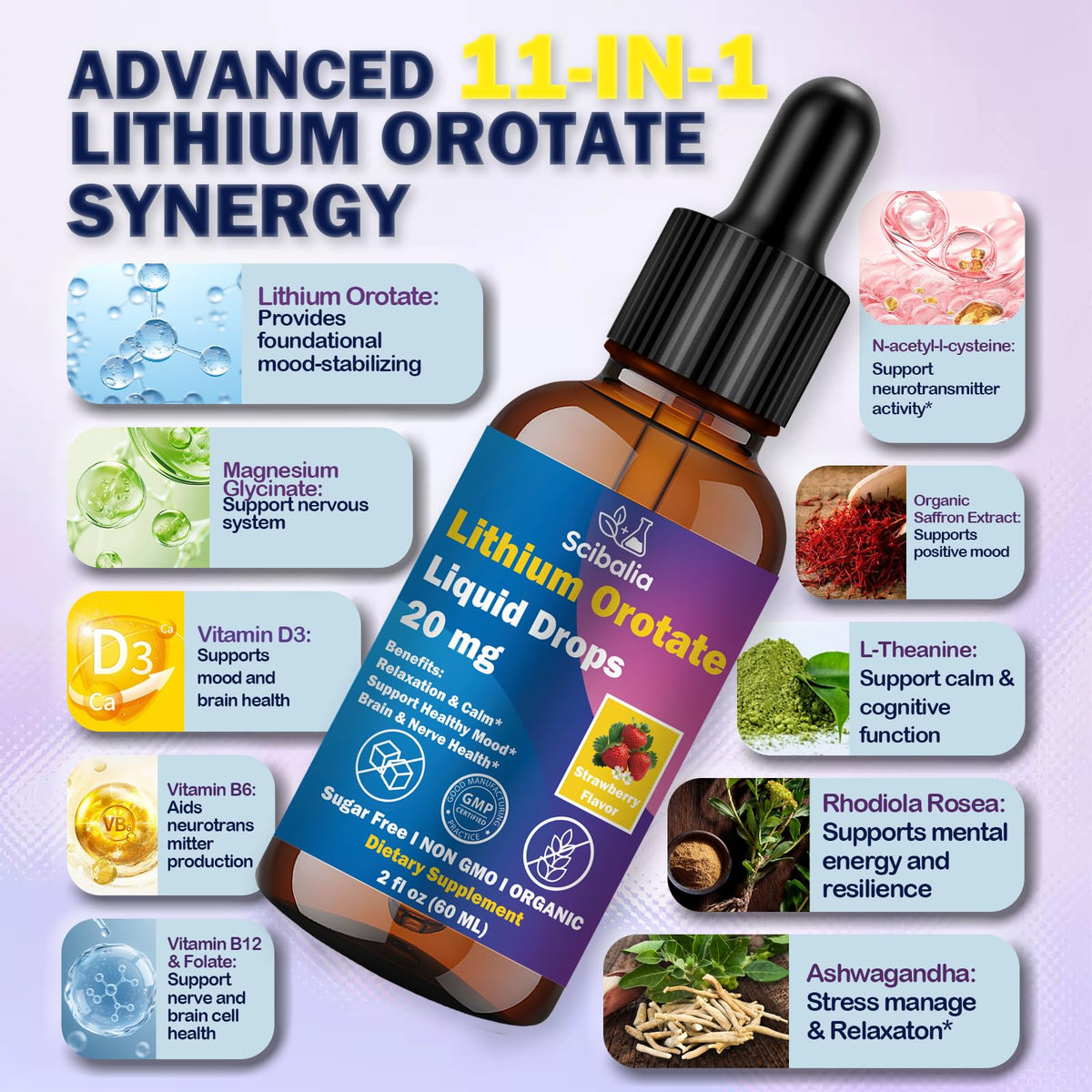 Scibalia Lithium Orotate Liquid Drops 20mg, Potency 11-in-1 Lithium Supplement w. NAC Magnesium Ashwagandha Theanine Vitamin D3 B6 B12 for Memory Brain Mood Cognitive Support, - PrimeBioHealth - canada supplements