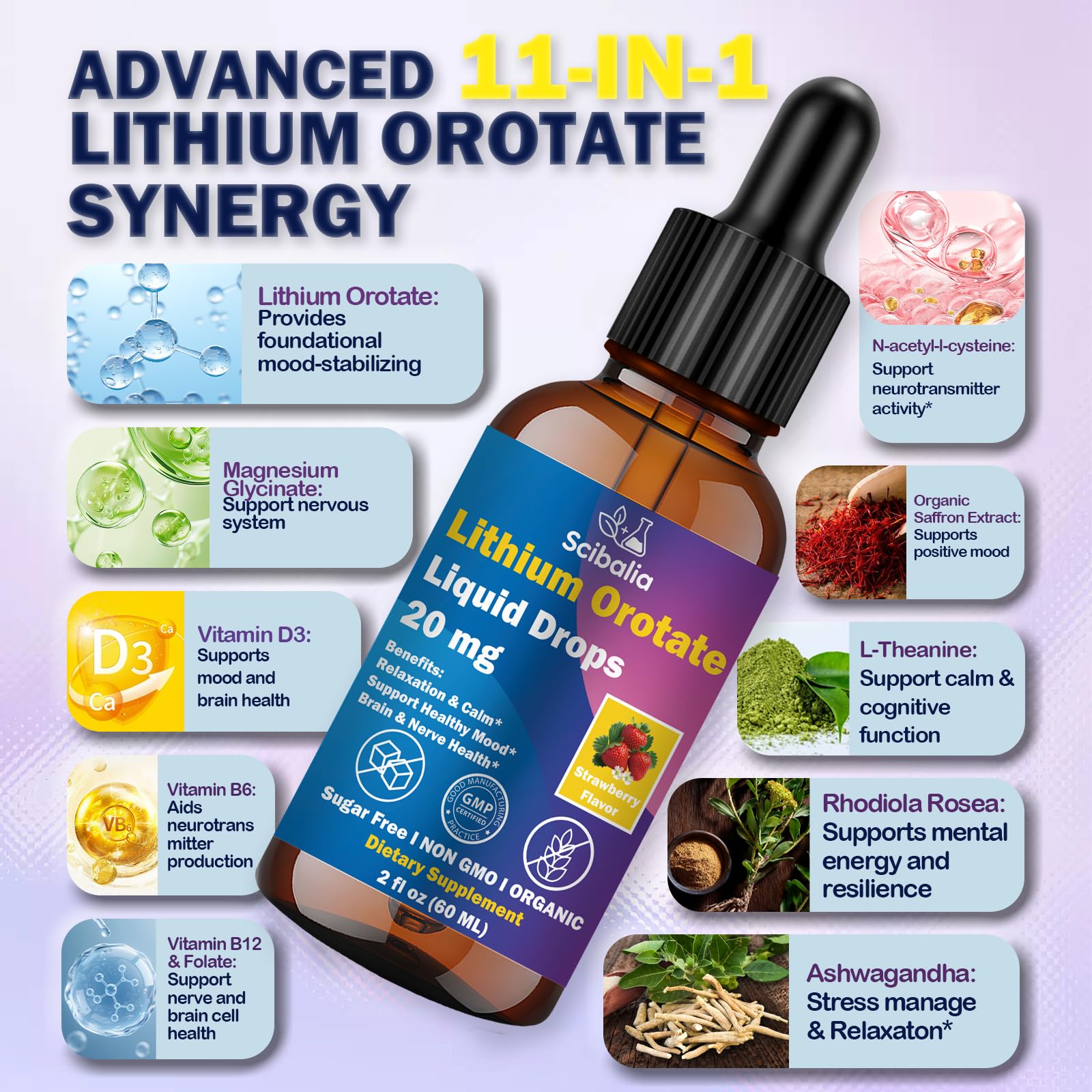 Scibalia Lithium Orotate Liquid Drops 20mg, Potency 11-in-1 Lithium Supplement w. NAC Magnesium Ashwagandha Theanine Vitamin D3 B6 B12 for Memory Brain Mood Cognitive Support, - PrimeBioHealth - canada supplements