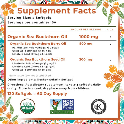 SeabuckWonders Organic Sea Buckthorn Oil Omega-7 Complete,120 Softgels, 60 Day Supply, with Omega 3, 6 & 9, Supports Hair - PrimeBioHealth - canada supplements