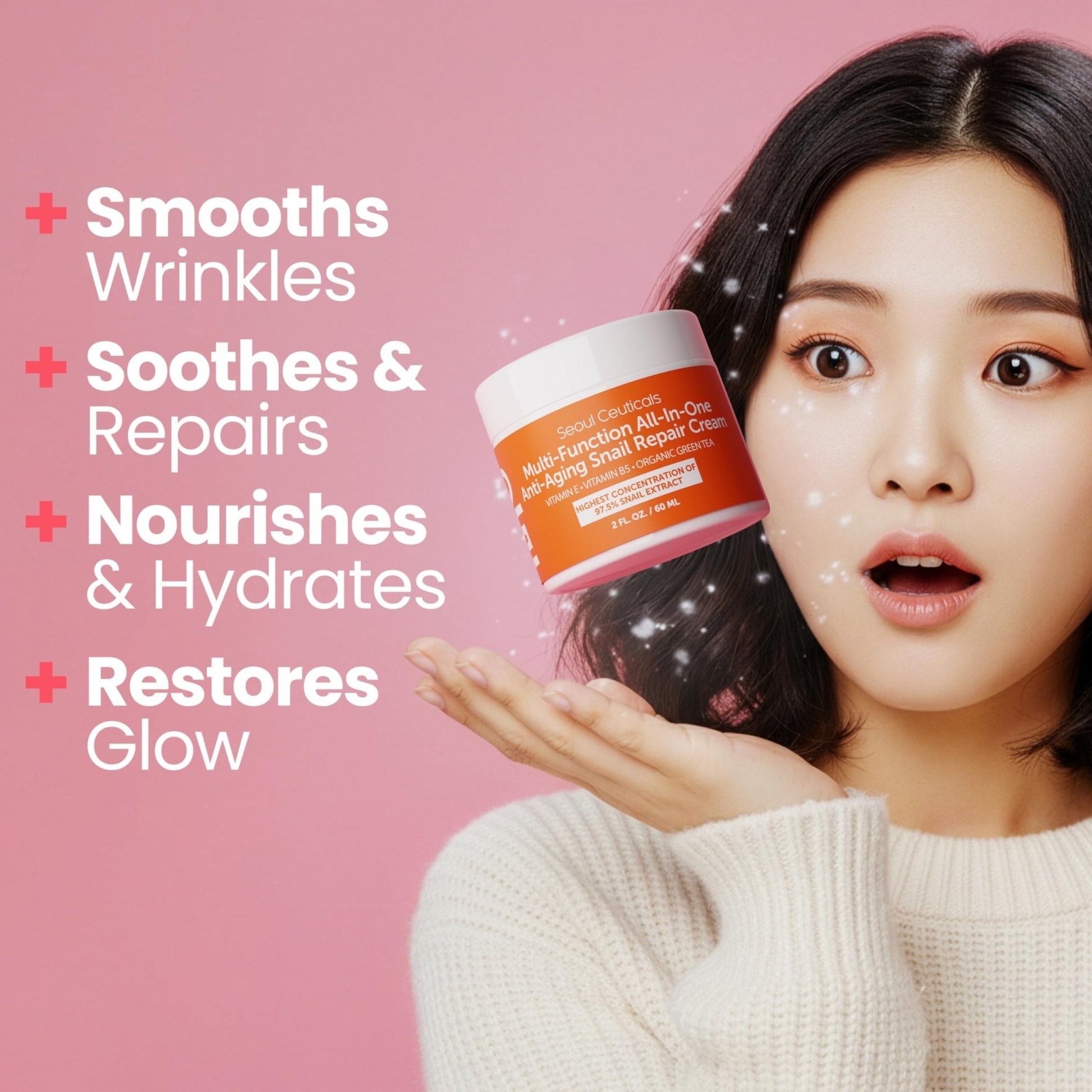 SeoulCeuticals Snail Mucin Moisturizer 97.5% - Korean Skin Care Snail Repair Cream - Day & Night Anti Aging K Beauty Skincare Cruelty Free 2oz - PrimeBioHealth - canada supplements