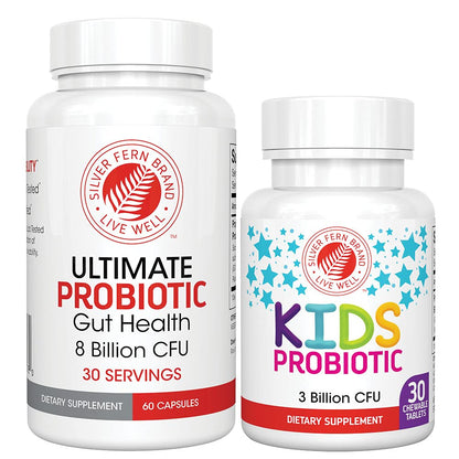 Silver Fern Brand Family Probiotics - Ultimate Adult Probiotic (1 Bottle = 60 Capsules) Plus Ultimate Children's Probiotic for Kids (1 Bottle = 30 Chewables) - Gut Health & Microbiome Support - PrimeBioHealth - canada supplements