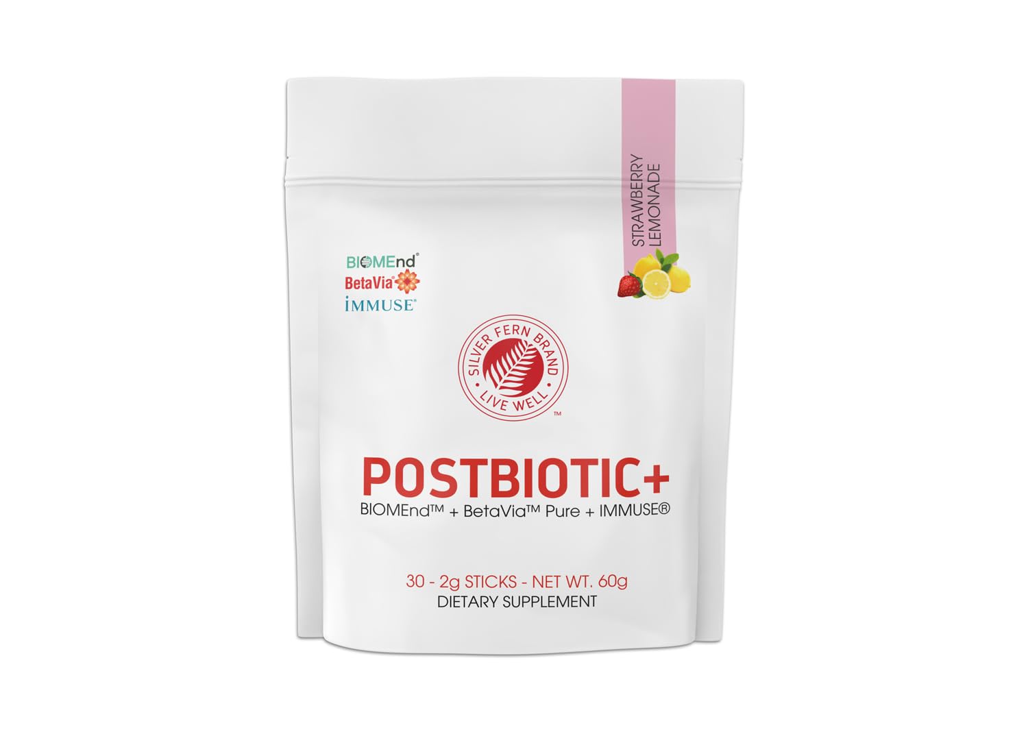 Silver Fern Brand Postbiotic+ Strawberry Lemonade Powder – Postbiotic Supplement with BIOMend™, BetaVia™, and Immuse® – Supports The Digestive System - PrimeBioHealth - canada supplements
