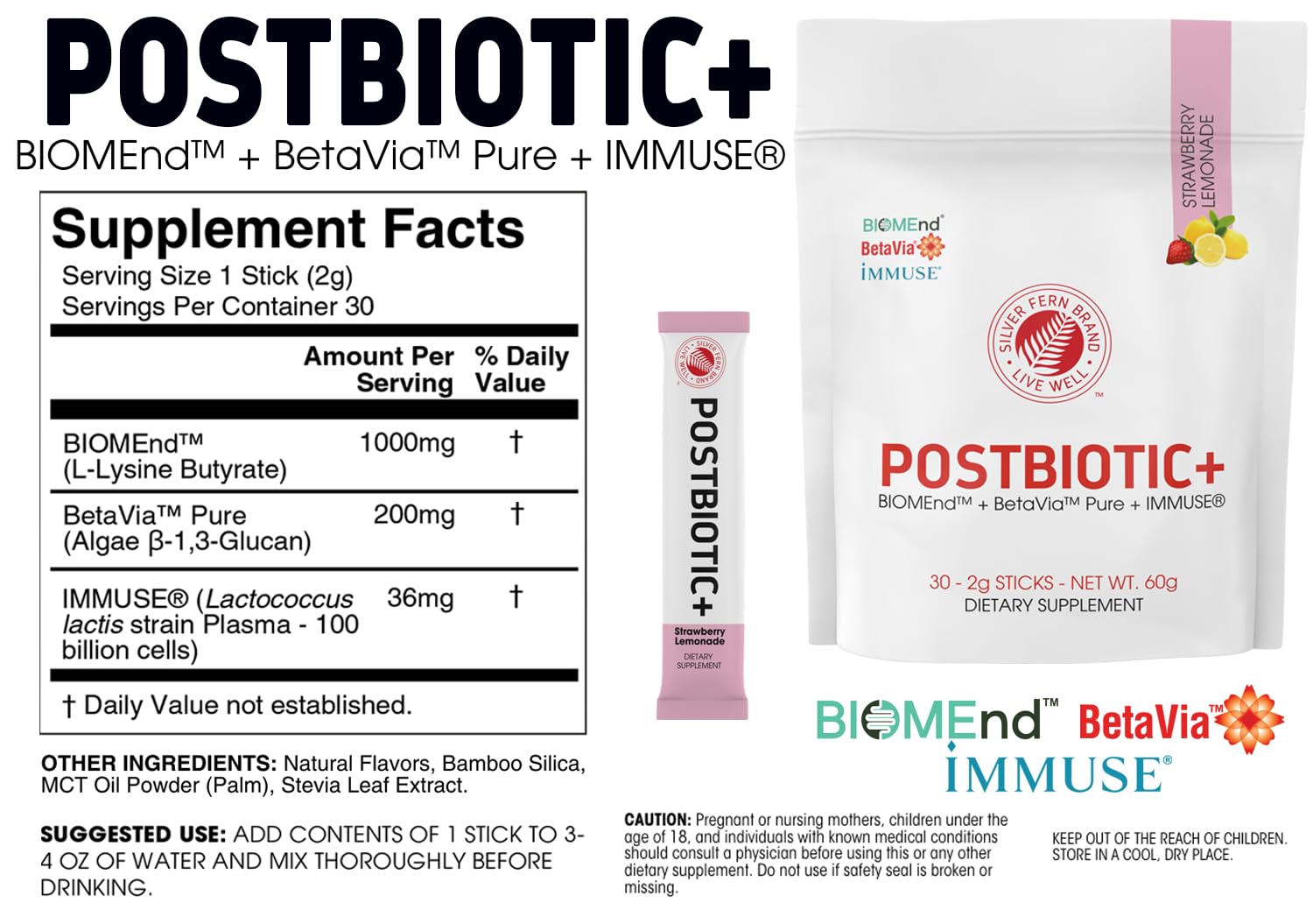 Silver Fern Brand Postbiotic+ Strawberry Lemonade Powder – Postbiotic Supplement with BIOMend™, BetaVia™, and Immuse® – Supports The Digestive System - PrimeBioHealth - canada supplements