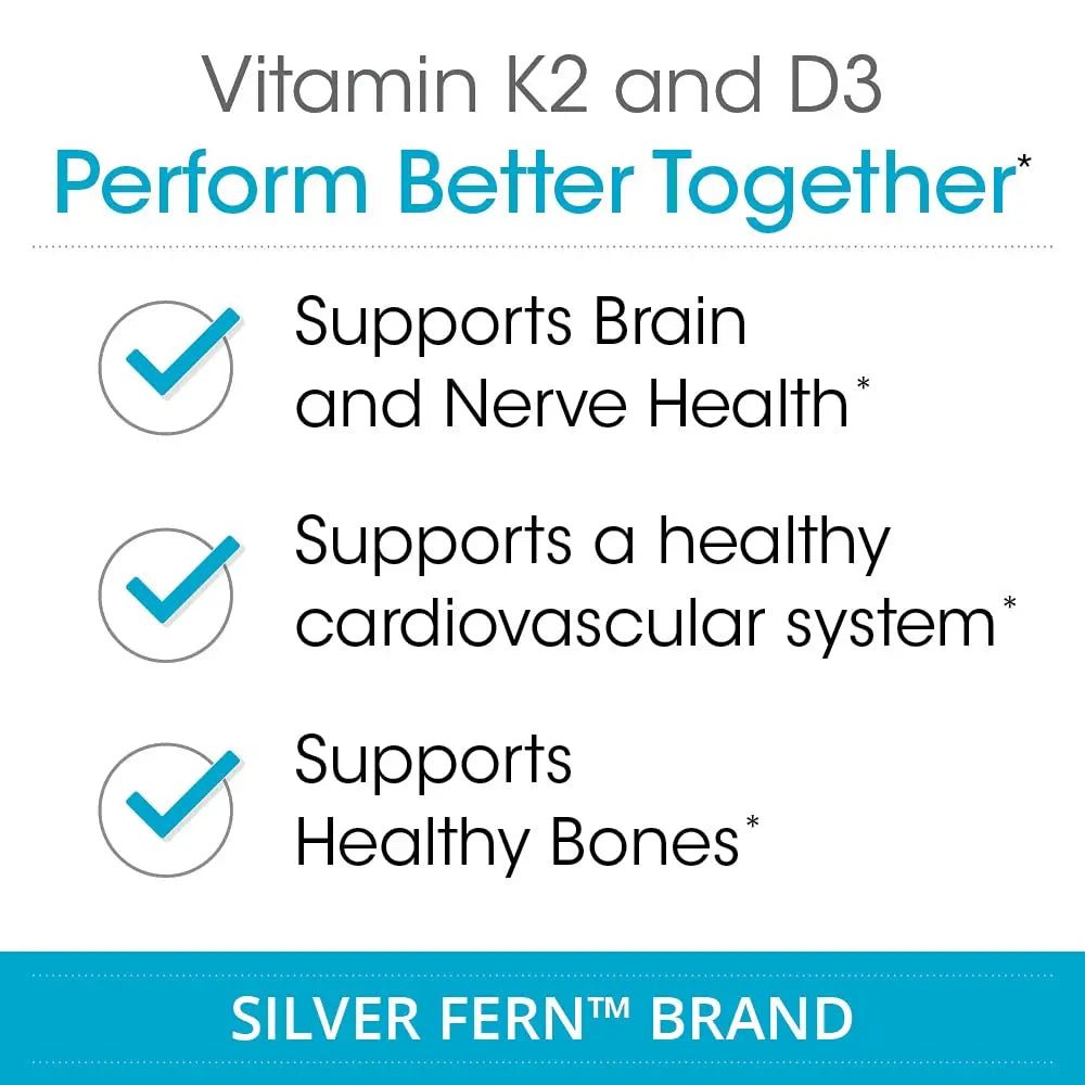 Silver Fern Vitamin K2-D3 Supplement Brand - Natural, Non-Synthetic - K2-7 as Menaquinone-7 (MK-7) - D3 as cholecalciferol - PrimeBioHealth - canada supplements