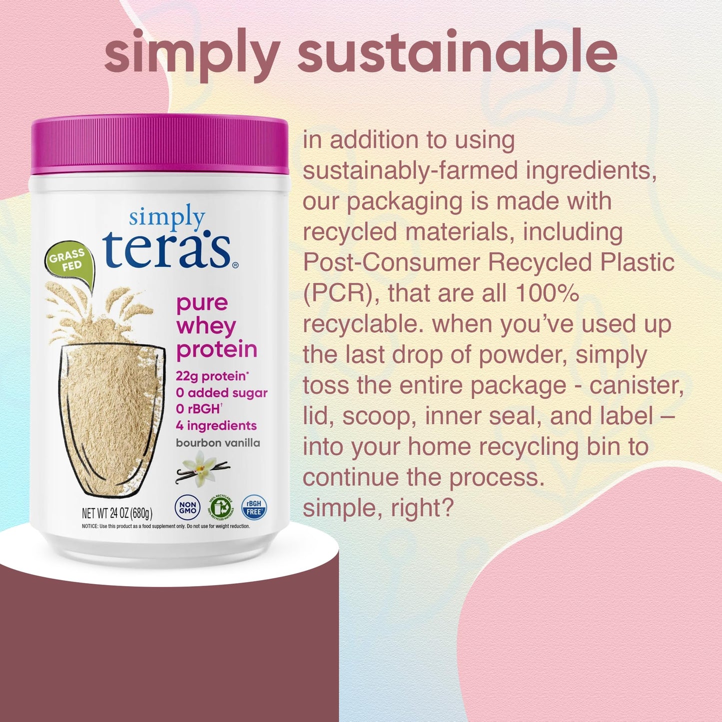 simply tera's Pure Whey Protein Powder - Grass Fed Vanilla Whey Protein Powder, Clean, Made Without Artificial Sweeteners, Non-GMO, Kosher, rBGH-Free, Soy-Free - 24 Oz - PrimeBioHealth - canada supplements