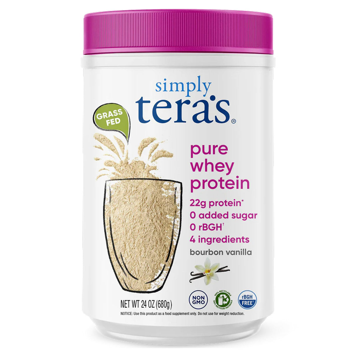 simply tera's Pure Whey Protein Powder - Grass Fed Vanilla Whey Protein Powder, Clean, Made Without Artificial Sweeteners, Non-GMO, Kosher, rBGH-Free, Soy-Free - 24 Oz - PrimeBioHealth - canada supplements