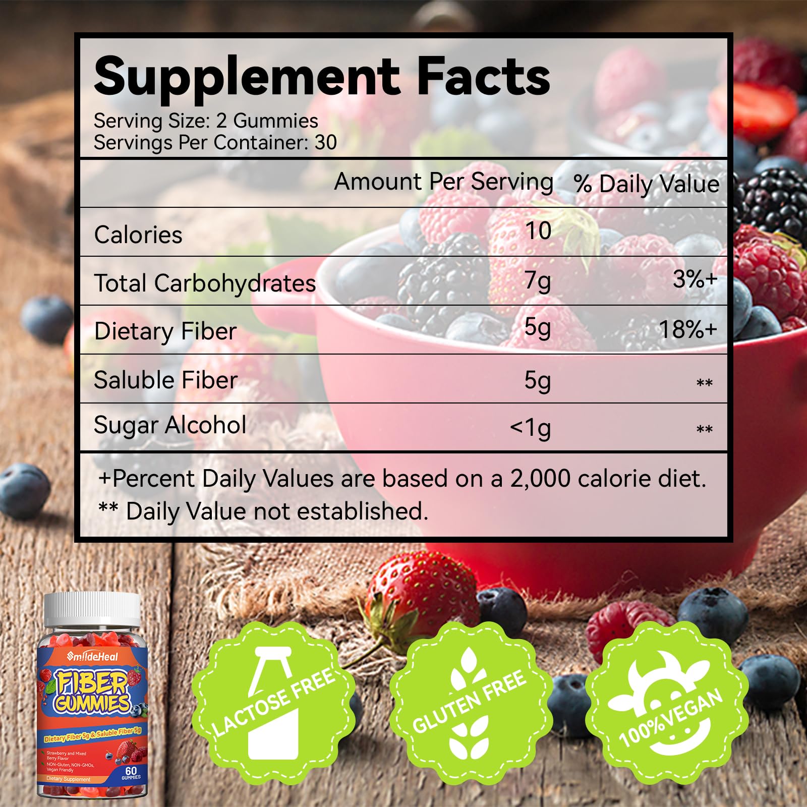 SmildeHeal Fiber Gummies, Dietary Fiber, for Women and Men, Gut Health Support, Non-GMOs, Non-Gluten, Vegan, Mixed Berry and Strawberry Flavor, 60 Count Gummies - PrimeBioHealth - canada supplements