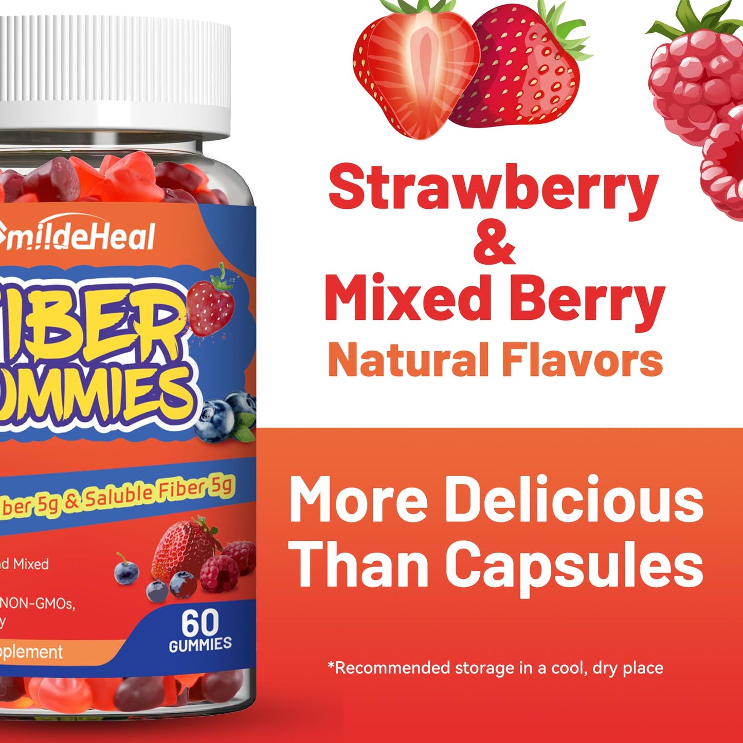 SmildeHeal Fiber Gummies, Dietary Fiber, for Women and Men, Gut Health Support, Non-GMOs, Non-Gluten, Vegan, Mixed Berry and Strawberry Flavor, 60 Count Gummies - PrimeBioHealth - canada supplements
