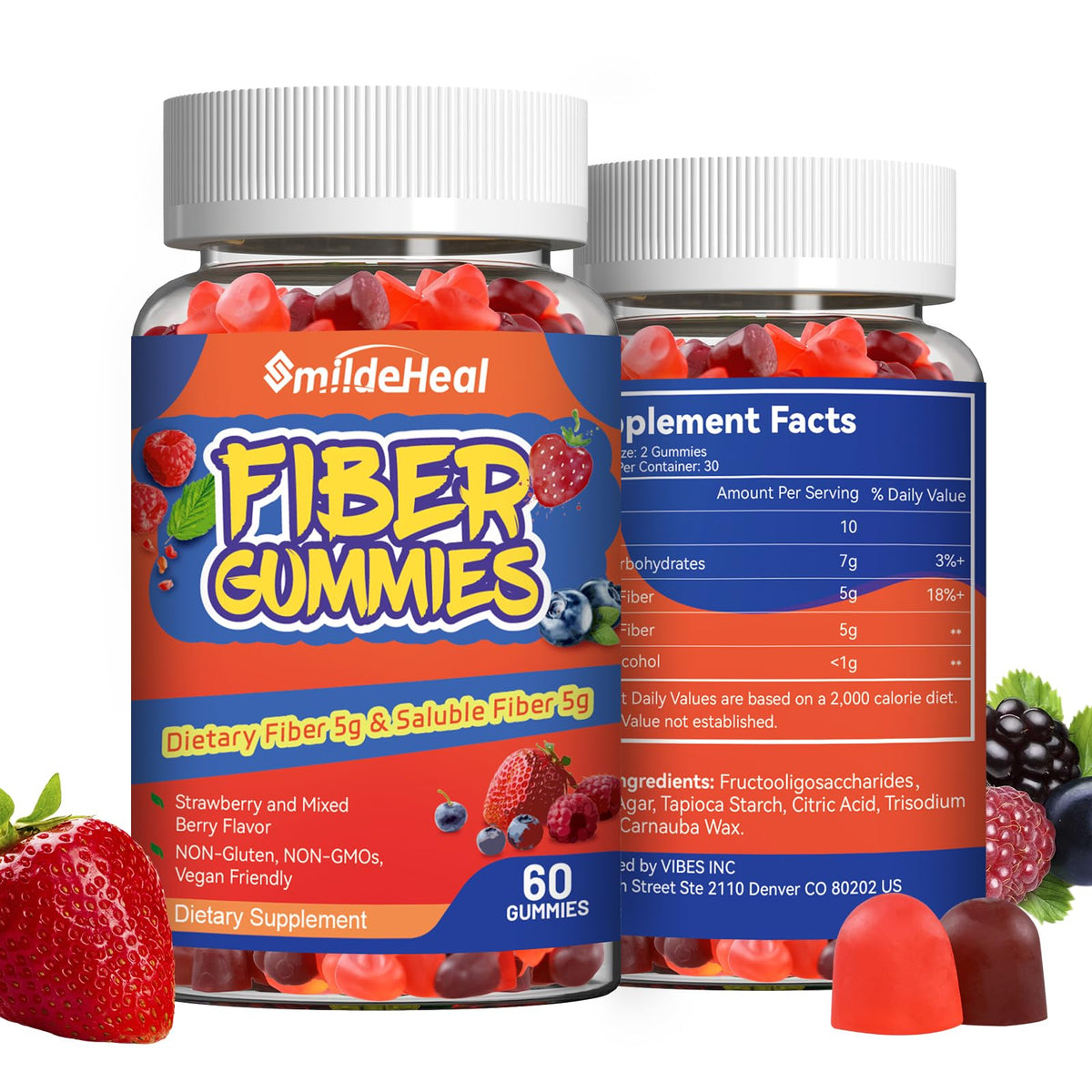 SmildeHeal Fiber Gummies, Dietary Fiber, for Women and Men, Gut Health Support, Non-GMOs, Non-Gluten, Vegan, Mixed Berry - PrimeBioHealth - canada supplements