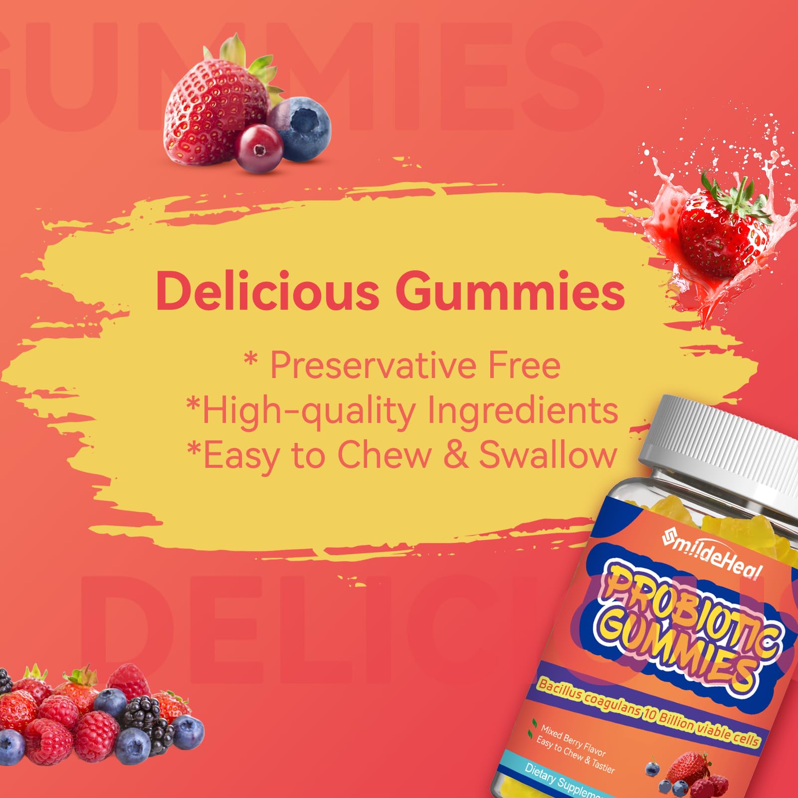 SmildeHeal Probiotic Gummies for Digestive Health - 10 Billion CFU Bacillus Coagulans - Vegan & Non-GMO - Immune & Digestive Support for Men & Women - PrimeBioHealth - canada supplements