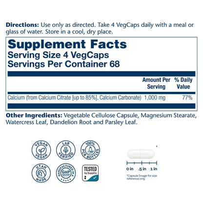 Solaray Calcium Citrate 1000mg - Chelated Calcium Supplement - Supports Bone Strength and Healthy Teeth - Easy to Digest - PrimeBioHealth - canada supplements