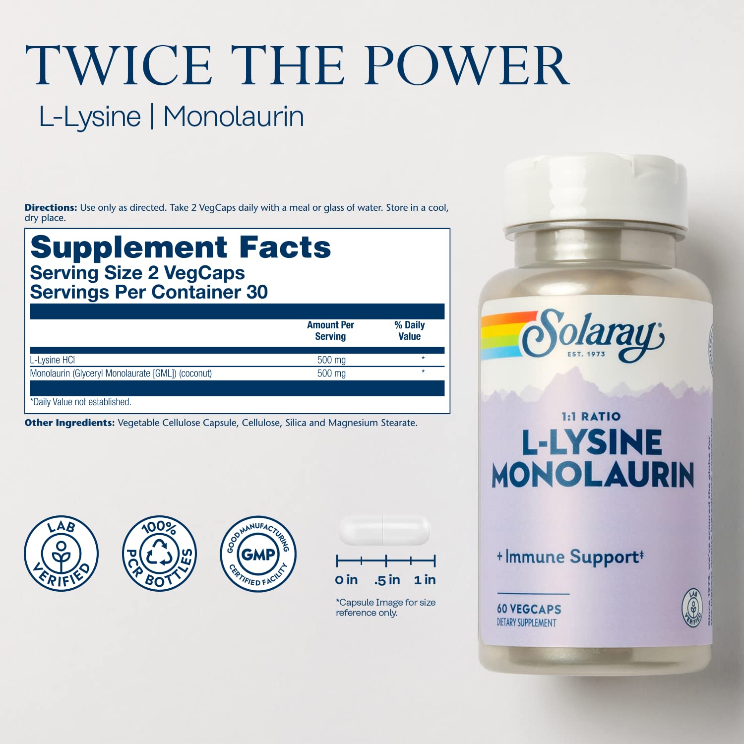 SOLARAY L-Lysine Monolaurin Immune Support Supplement, 1:1 Ratio for Immune System Function, 500 mg Each, 60-Day Money Back Guarantee - PrimeBioHealth - canada supplements
