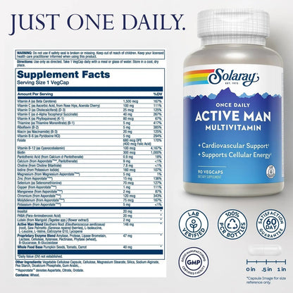 SOLARAY Once Daily Active Man Multivitamin - Cellular Energy and Immune Support Supplement w/Vitamin D, Vitamin C, B12, B6, Zinc, Lutein - PrimeBioHealth - canada supplements
