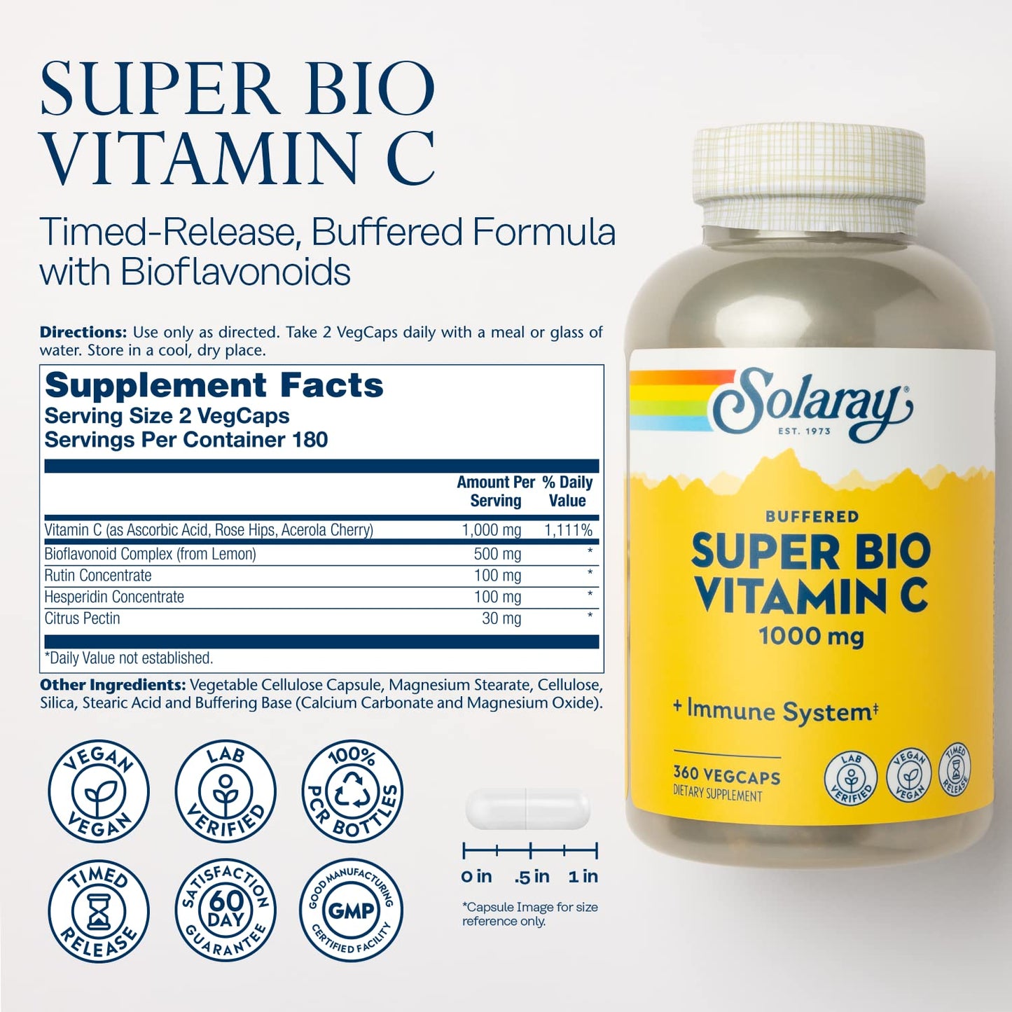 SOLARAY Super Bio Vitamin C 1000mg, Buffered, Two-Stage Timed Release with Bioflavonoids, Immune Support Supplement, High Absorption, Vegan, 60-Day Guarantee – 250 VegCaps - PrimeBioHealth - canada supplements