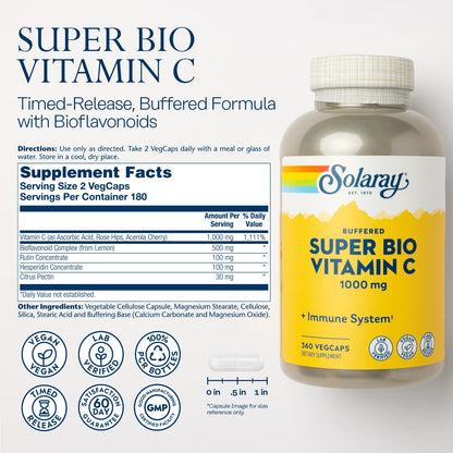 SOLARAY Super Bio Vitamin C 1000mg, Buffered, Two-Stage Timed Release with Bioflavonoids, Immune Support Supplement, High Absorption, Vegan, 60-Day Guarantee – 250 VegCaps - PrimeBioHealth - canada supplements