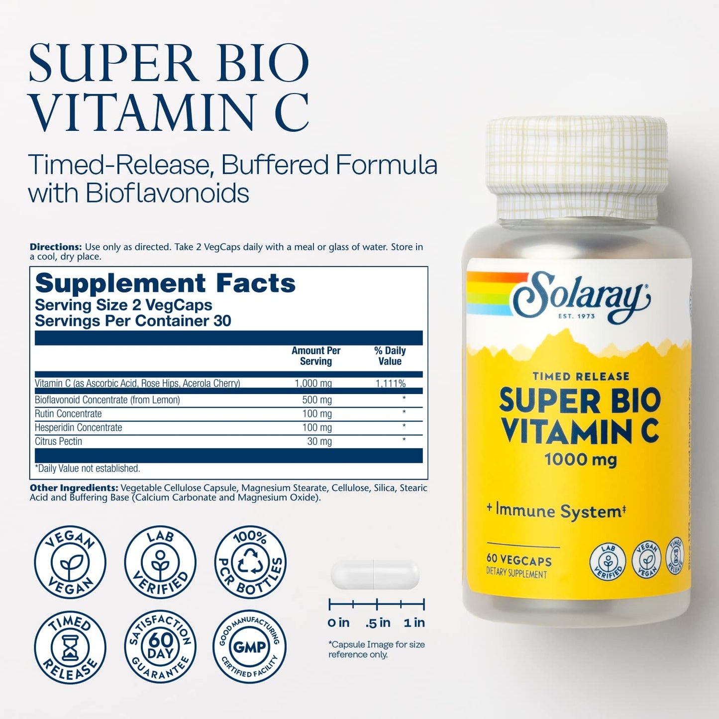 SOLARAY Super Bio Vitamin C 1000mg, Buffered, Two-Stage Timed Release with Bioflavonoids, Immune Support Supplement, High Absorption, Vegan, 60-Day Guarantee – 250 VegCaps - PrimeBioHealth - canada supplements